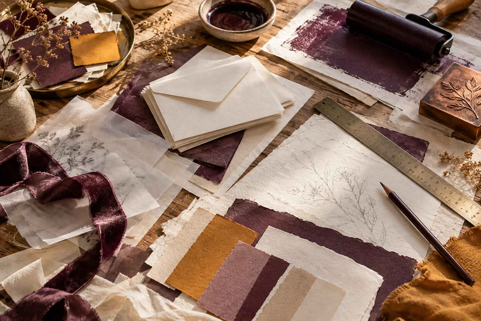 Conceptual stationery design materials and paper swatches